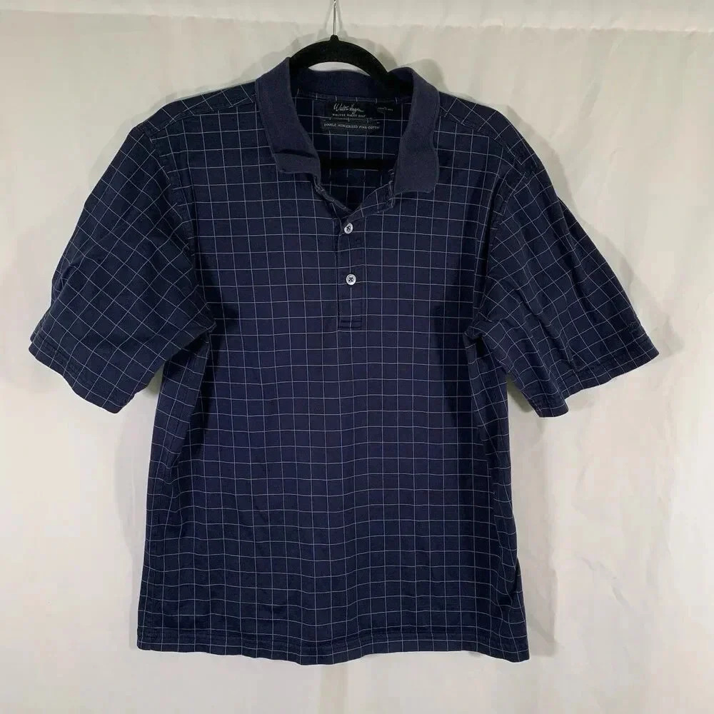 Walter Hagen Golf Polo Shirt Men's Medium Blue Plaid Pima Cotton Short Sleeve
